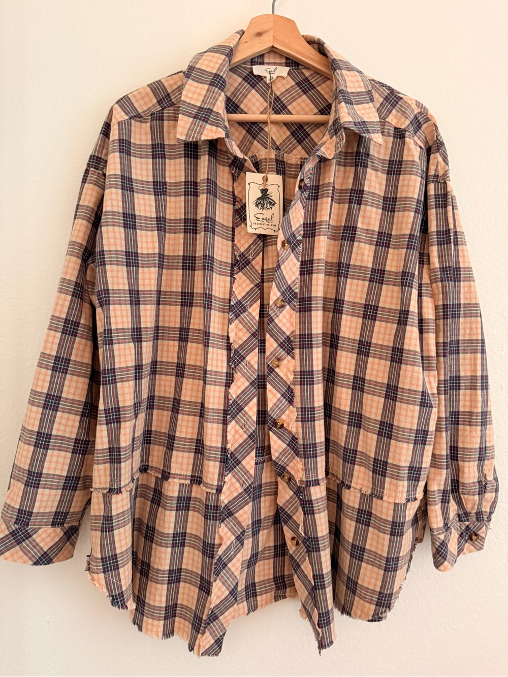 Easel Plaid Layered Button-Up Shirt – Peach & Navy – Boho Oversized Style